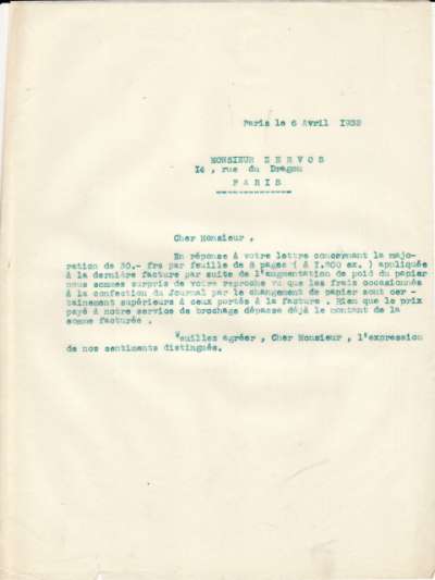 Réponse de l'Imprimerie Union daté du 6 avril 1932 au courrier de Christian Zervos 