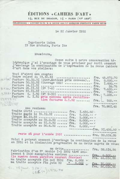 Demande de remise de dettes datée du 31 janvier 1932 signée Christian Zervos