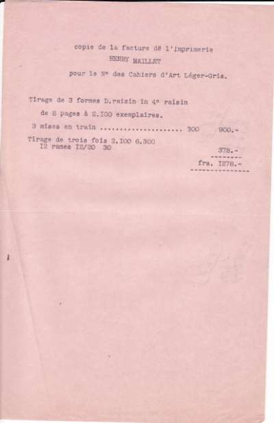 Copie d'une facture de l'Imprimerie Maillet. S.D.