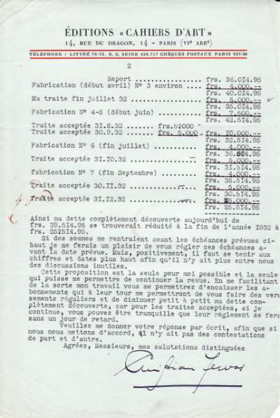 Demande de remise de dettes datée du 31 janvier 1932 signée Christian Zervos. Page 2