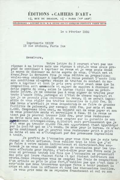 Demande de Christian Zervos datée du 6 février 1932 concernant la poursuite de l'impression des Cahiers d'Art par l'Imprimerie Union