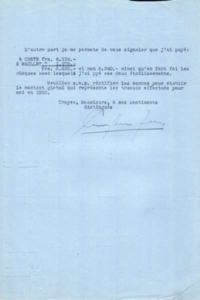 Rectification de comptes de Christian Zervos datée du 18 mai 1933 adressée à l'Imprimerie Union. Page 2