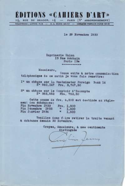 Remise de chèque des Editions des Cahiers d'Art datée du 29 novembre 1933 signée Christian Zervos