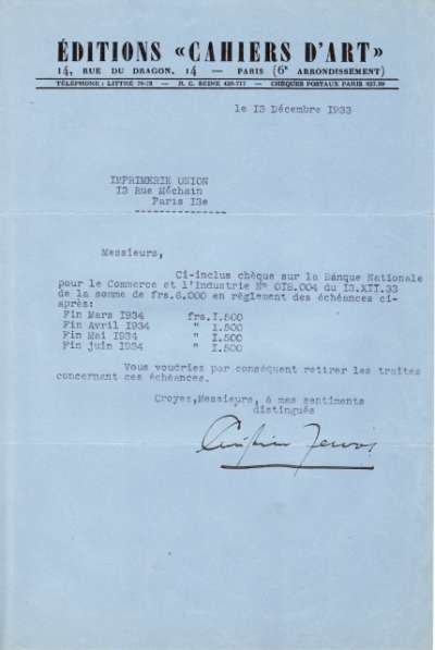 Remise de chèque des Editions des Cahiers d'Art datée du 13 décembre 1933 signée Christian Zervos
