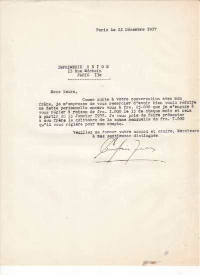 Lettre de remerciement de Christian Zervos datée du 22 janvier 1935 adressée à l'Imprimerie Union