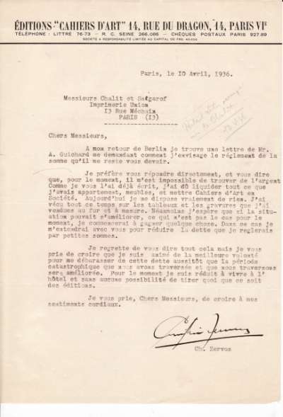 Lettre de Christian Zervos datée du 10 avril 1936 adressée à l'Imprimerie Union
