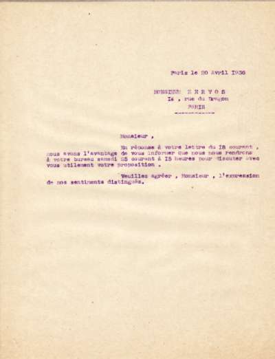 Demande de rendez-vous de l'Imprimerie Union datée du 20 avril 1936 adressée à Christian Zervos