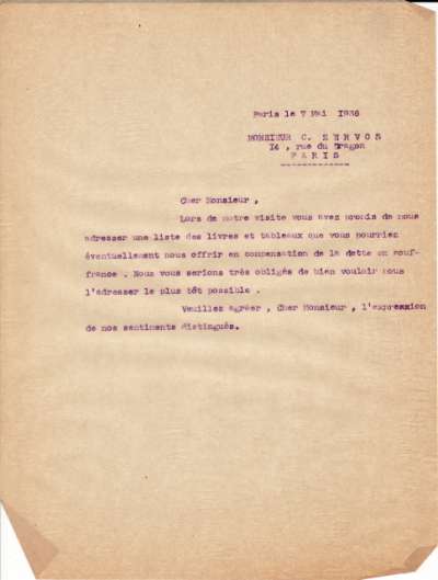 Demande d'une liste de livres et tableaux adressée à Christian Zervos datée du 7 mai 1936