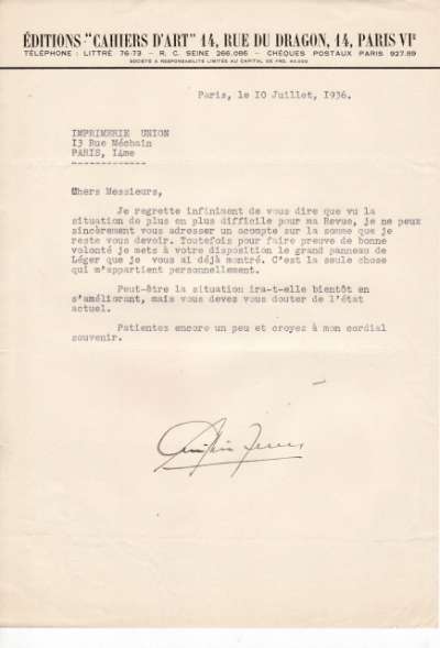 Lettre de Christian Zervos datée du 10 juillet 1936 adressée à l'Imprimerie Union concernant le tableau de Fernand Léger