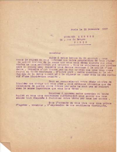 Lettre de l'Imprimerie Union datée du 15 novembre 1937 adressée à Christian Zervos