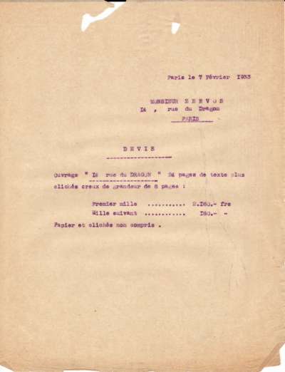 Devis daté du 7 janvier 1933 adressée à Christian Zervos pour l'impression de la revue 14, rue du Dragon