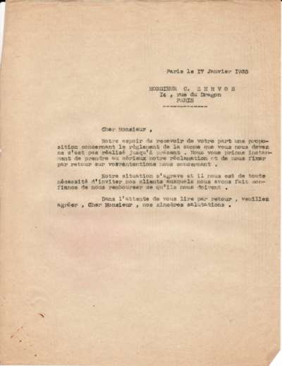 Demande de remboursement de l'Imprimerie Union datée du 17 janvier 1935 adressée à Christian Zervos