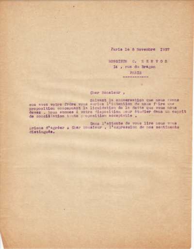 Lettre de l'Imprimerie Union datée du 8 novembre 1937 adressée à Christian Zervos à propos d'une proposition pour la liquidation de la dette