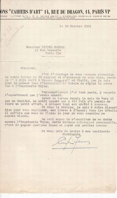 Lettre de Christian Zervos datée du 30 octobre 1935 adressée à Michel Raynal