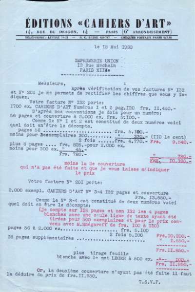 Rectification de comptes de Christian Zervos datée du 18 mai 1933 adressée à l'Imprimerie Union