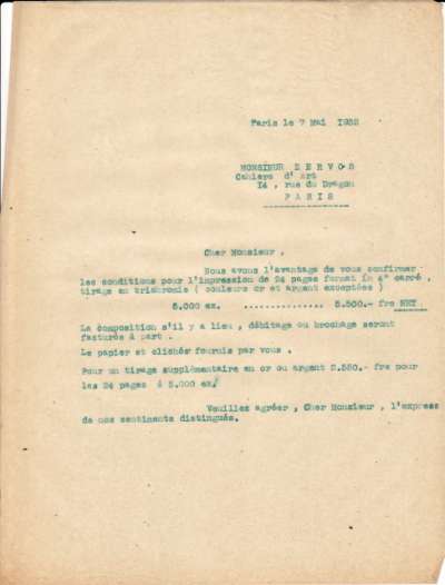 Confirmation des conditions d'impression des Cahiers d'Art datée du 7 mai 1932