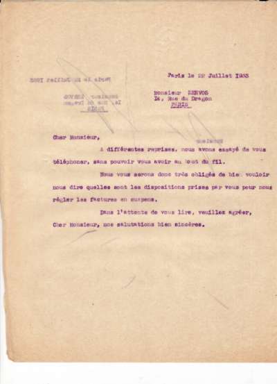 Demande de règlement de factures de l'Imprimerie Union datée du 22 juillet 1933