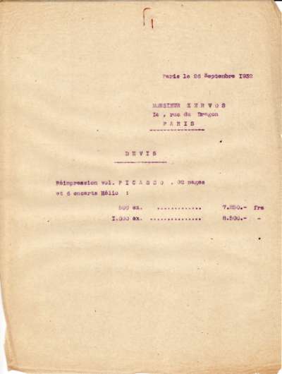 Devis de l'Imprimerie Union datée du 26 septembre 1932 pour l'impression d'un livre sur Picasso