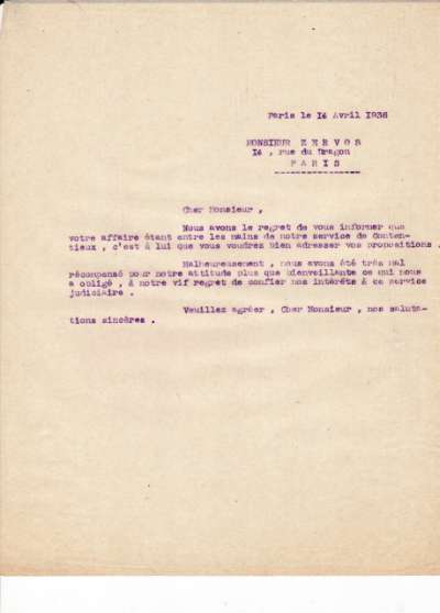 Lettre de l'Imprimerie Union datée du 14 avril 1936 à propos du service de Contentieux