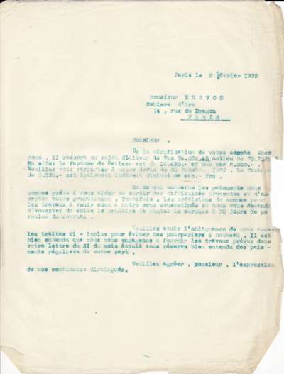 Rectificatif de comptes datée du 2 février 1932 adressée à Christian Zervos