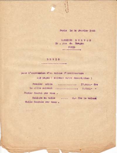 Lettre daté du 24 janvier 1933 adressée à Christian Zervos pour l'impression d'un volume d'architecture