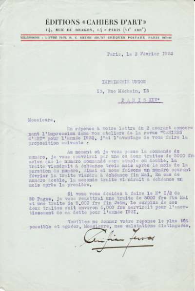Demande de règlement datée du 2 février 1932 signée Christian Zervos