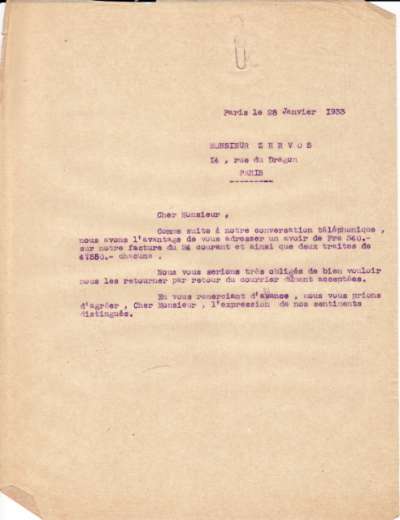Avoir daté du 28 janvier 1933 de l'Imprimerie Union adressé à Christian Zervos