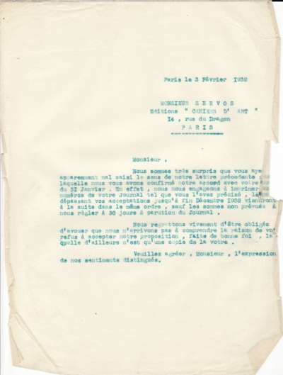 Accord de l'Imprimerie Union pour règlement de compte daté du 3 février 1932