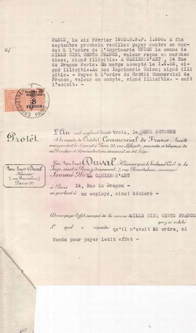 Mandat de Christian Zervos daté du 1er février 1933 à l'ordre de l'Imprimerie Union