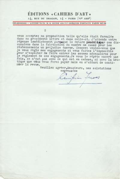 Demande de Christian Zervos datée du 6 février 1932 concernant la poursuite de l'impression des Cahiers d'Art par l'Imprimerie Union. Page 2