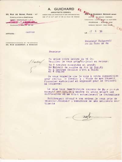Lettre de A. Guichard datée du 7 octobre 1936 adressée à l'Imprimerie Union