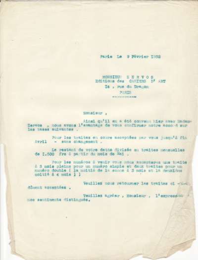 Accord de l'Imprimerie Union pour règlement de dette datée du 9 février 1932