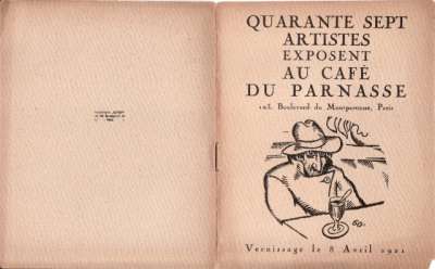 Quarante-sept artistes exposent au Café du Parnasse, 103, blvd du Montparnasse, vernissage le 8 avril 1921. Préface de Serge Romoff. 11x13,5 cm