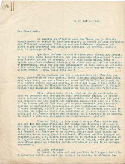 Lettre de Serge Romoff au Comité Oudar, 28 juillet 1923