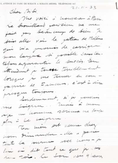 Lettre de Dimitri Snégaroff à Boris Romoff, 21 novembre 1933. Archives Romoff