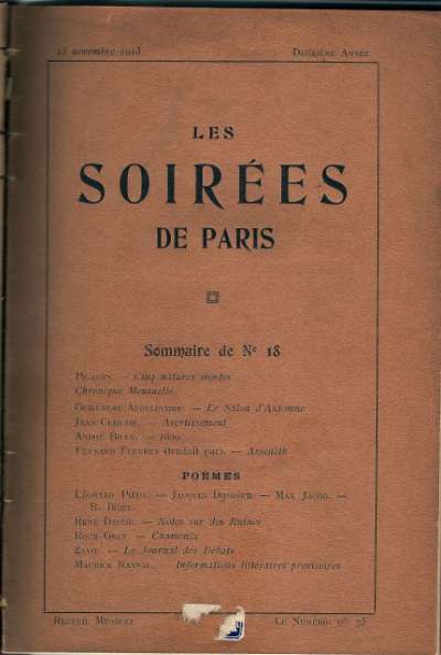 Les Soirées de Paris, 2ème série dirigée à partir de novembre 1913 par Apollinaire, la Baronne d’Oettingen et Serge Férat