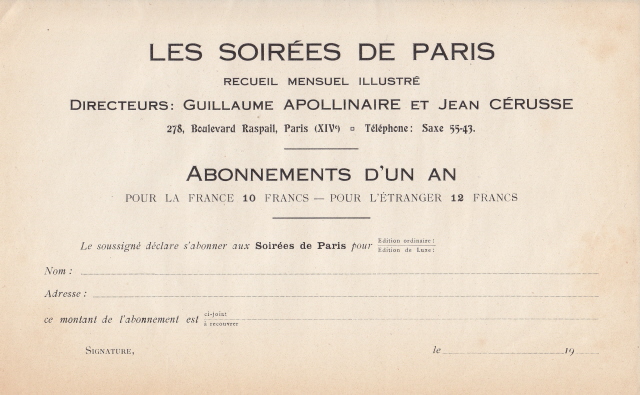 Bulletin d'inscription aux Soirées de Paris
