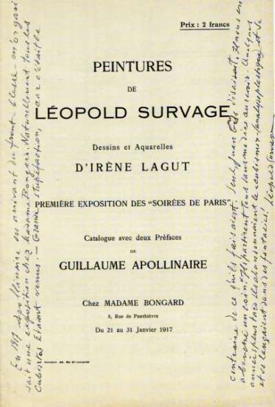 Catalogue de l'expostion Peintures de Léopold Survage, chez Madame Bongard, du 21 au 31 janvier 1917