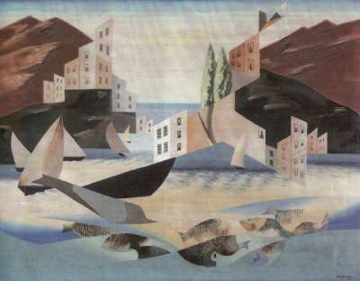 Léopold Survage, Départ pour la pêche, huile sur toile, 89x116 cm. 1926. Ancienne Collection Snégaroff