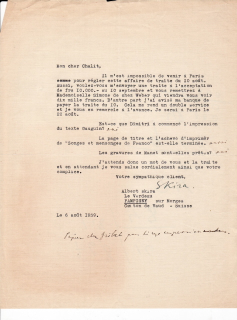 Lettre d'Albert Skira à Volf Chalit, 6 août 1939