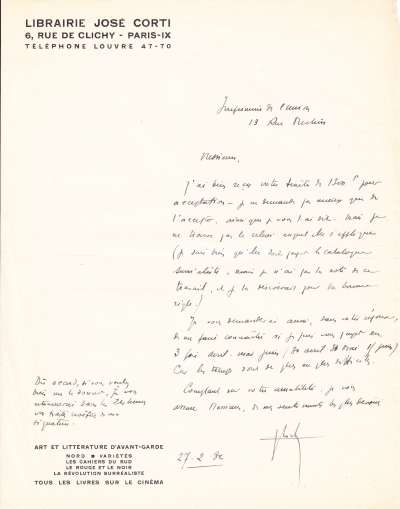 Lettre de José Corti, 27 février 1932