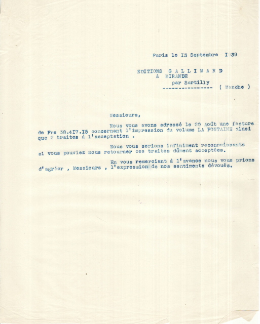Lettre de l'Imprimerie Union adressée aux Editions Gallimard, 13 septembre 1939