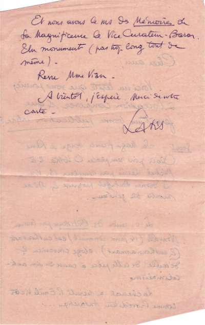 Lettre à propos de l'entrée de René Clair et de Michel Leiris au sein du Collège de 'Pataphysique. Page 2. S.D. 