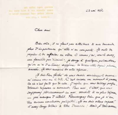 Lettre de Latis à Louis Barnier, 23 mai 1962