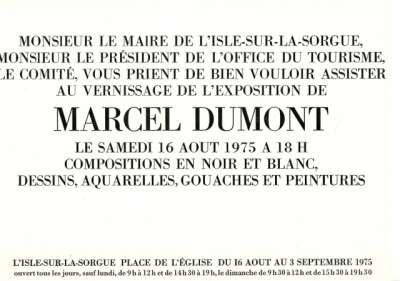 Carton pour le vernissage de l'exposition de Marcel Dumont le samedi 16 août 1975 à L'Isle-Sur-La-Sorgue