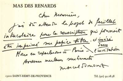 Carton pour le vernissage de l'exposition de Marcel Dumont le samedi 16 août 1975 à L'Isle-Sur-La-Sorgue