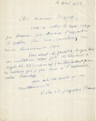 Lettre  de Victor et Jacqueline Brauner à Dimitri Snégaroff, 16 avril 1952