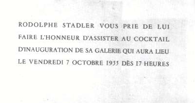 Carton d'invitation au vernissage de la première exposition de la Galerie Stadler. 1955