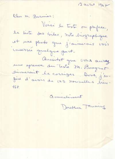 Lettre de Dorothea Tanning à Louis Barnier, 12 avril 1962