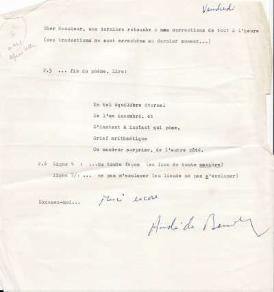 Lettre d'André du Bouchet à Louis Barnier, 19 septembre 1969, 14h